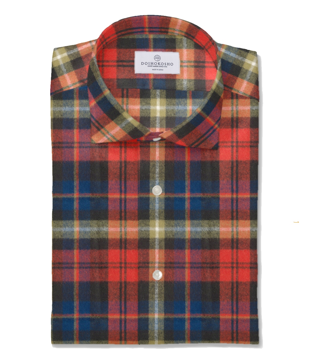 【Organic Cotton】レッド×ネイビー ネル チェック ドレスシャツ