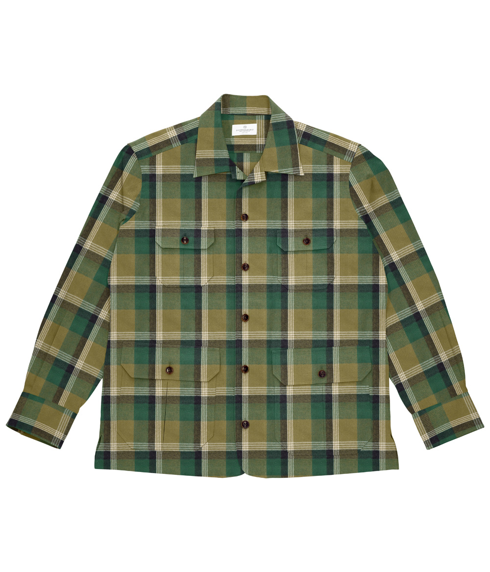 【Organic Cotton】グリーン×ホワイトチェック 4ポケットシャツアウター