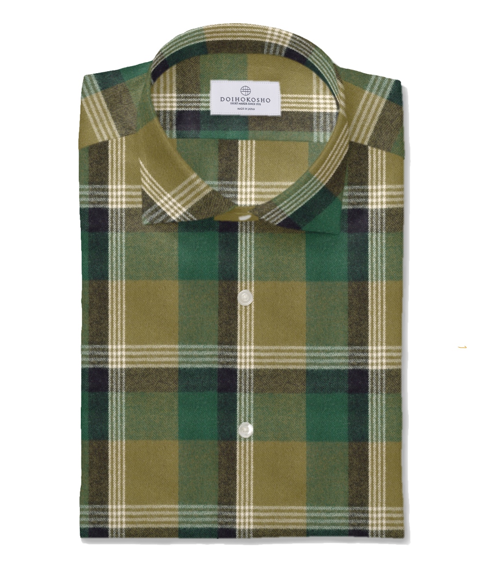 【Organic Cotton】グリーン×ホワイト ネル チェック ドレスシャツ
