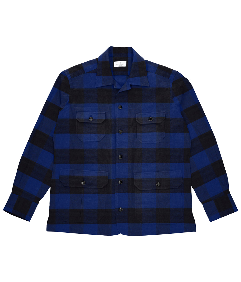 ブルー フランネル チェック 4ポケットシャツアウター