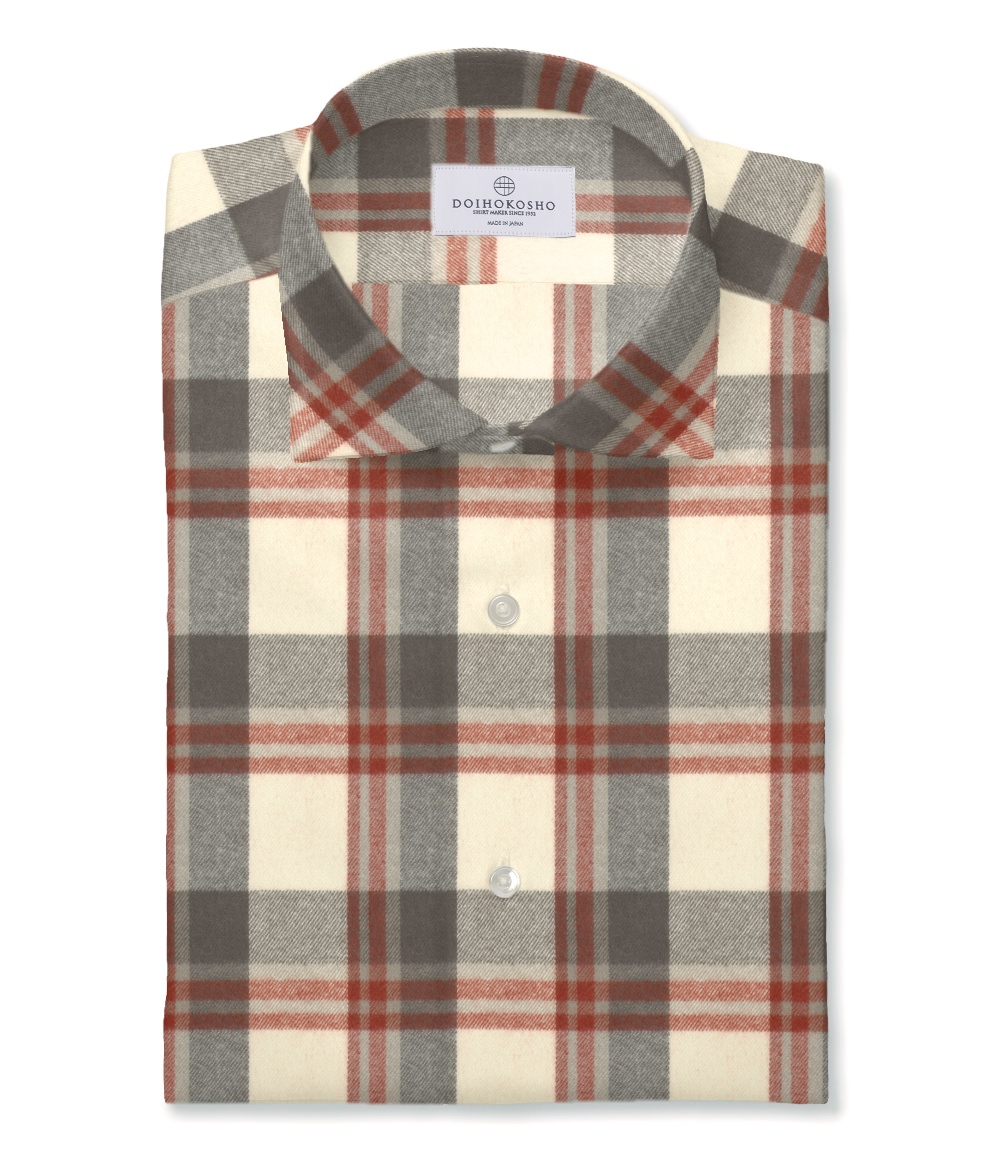 【Organic Cotton】ベージュ×グレー フランネル チェック ドレスシャツ