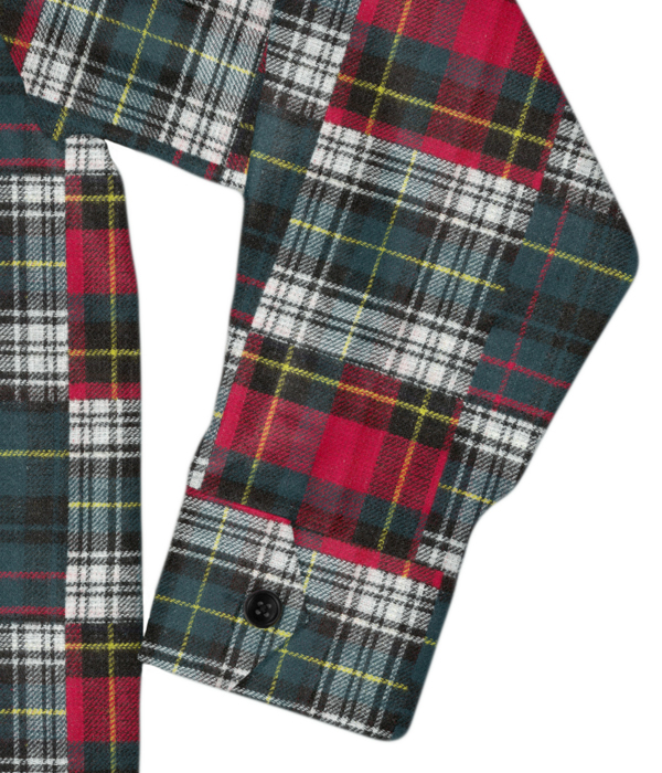 ダブルウィーブレッド×グリーンチェックネル斜めフラップポケットシャツアウター