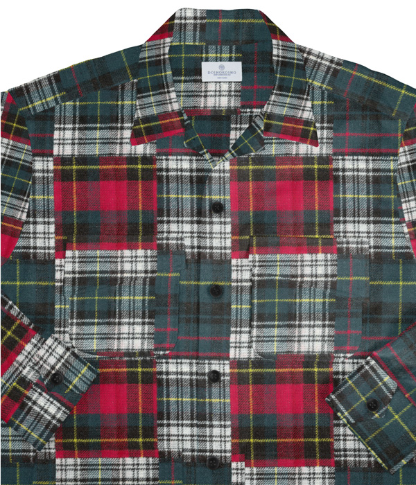 ダブルウィーブレッド×グリーンチェックネル斜めフラップポケットシャツアウター