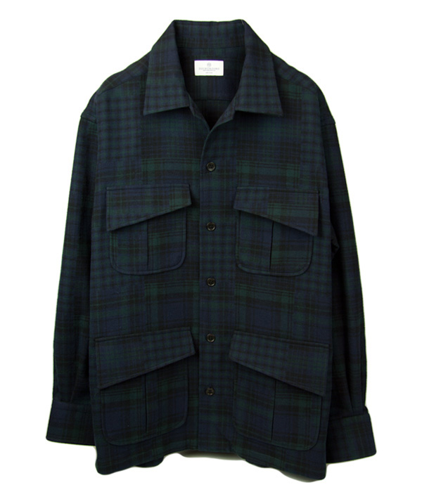 ダブルウィーブグリーン×ネイビーチェックネル斜めフラップポケットシャツアウター