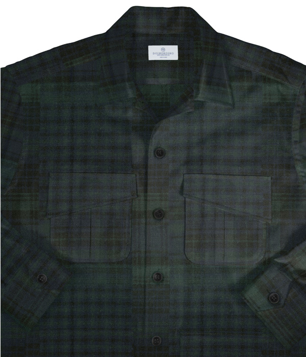 ダブルウィーブグリーン×ネイビーチェックネル斜めフラップポケットシャツアウター