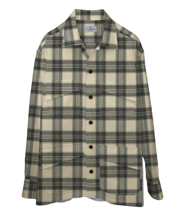 【Organic Cotton】クリーム×グレーチェックネル斜めフラップポケットシャツアウター