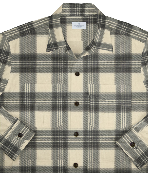 【Organic Cotton】クリーム×グレーチェックネル斜めフラップポケットシャツアウター
