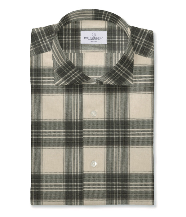 【Organic Cotton】クリーム×グレー フランネル チェック ドレスシャツ