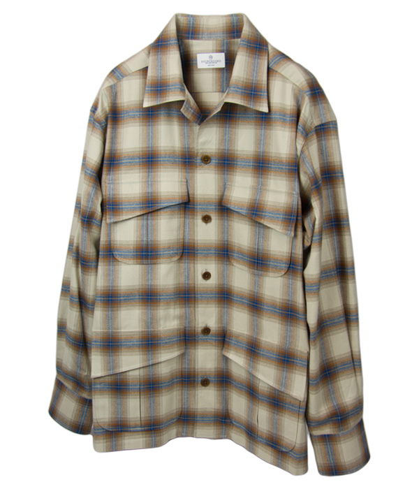 【Organic Cotton】ベージュ×ブルーチェックネル斜めフラップポケットシャツアウター