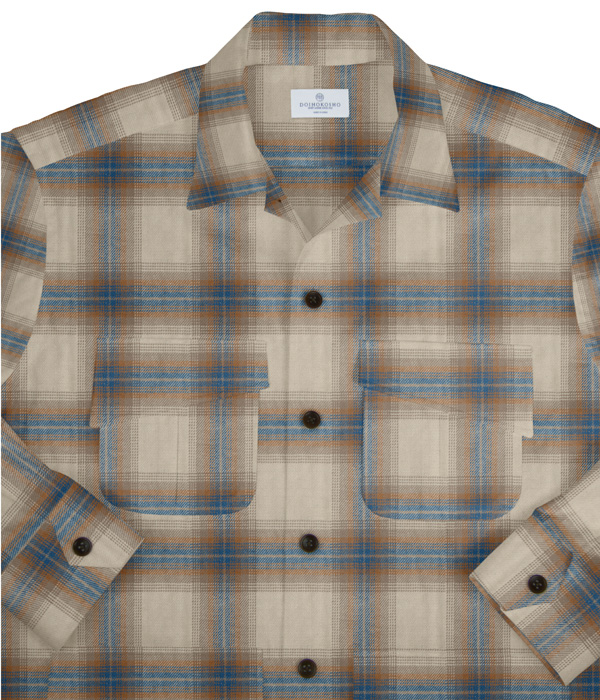 【Organic Cotton】ベージュ×ブルーチェックネル斜めフラップポケットシャツアウター