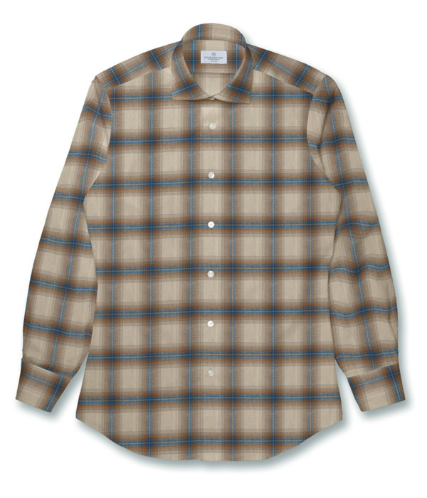 【Organic Cotton】ベージュ×ブルー フランネル チェック ドレスシャツ