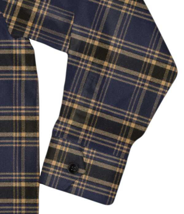 【Organic Cotton】ネイビー×オーカーチェックネル斜めフラップポケットシャツアウター