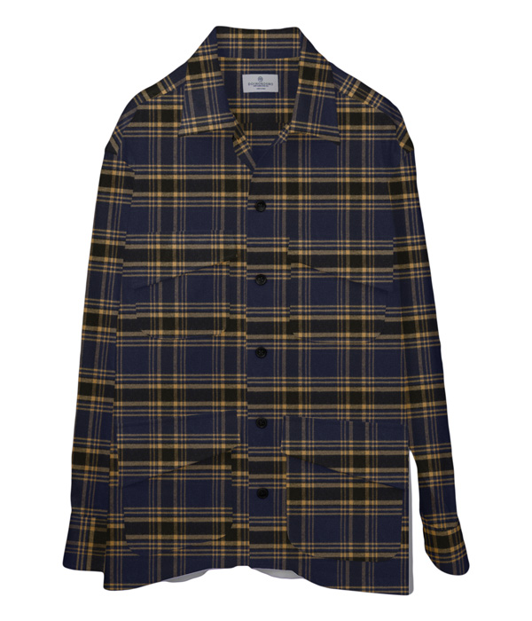 【Organic Cotton】ネイビー×オーカーチェックネル斜めフラップポケットシャツアウター