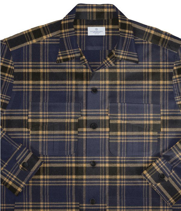 【Organic Cotton】ネイビー×オーカーチェックネル斜めフラップポケットシャツアウター