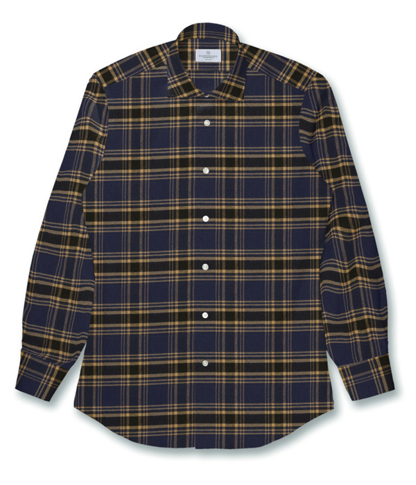 【Organic Cotton】ネイビー×オーカー フランネル チェック ドレスシャツ