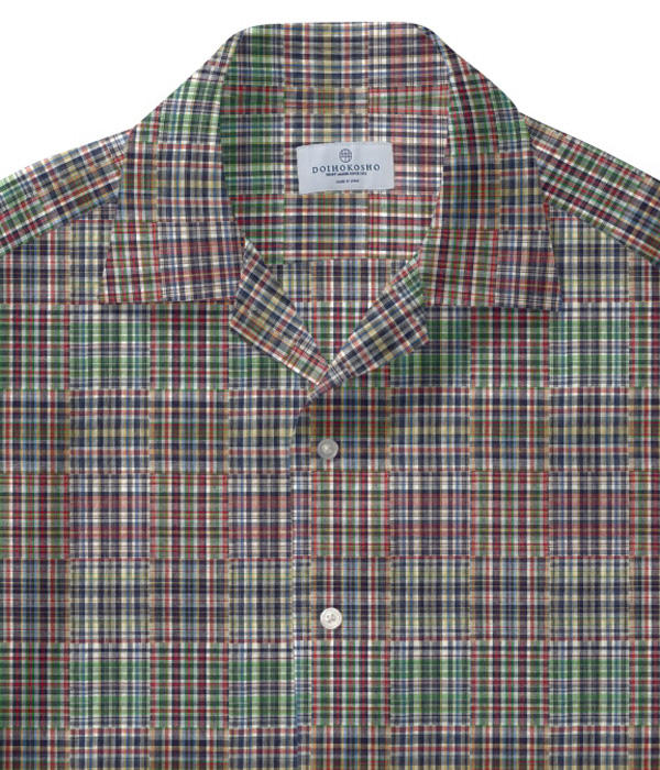 【ダブルガーゼ】パッチワーク風レッド系チェック オープンカラーシャツ