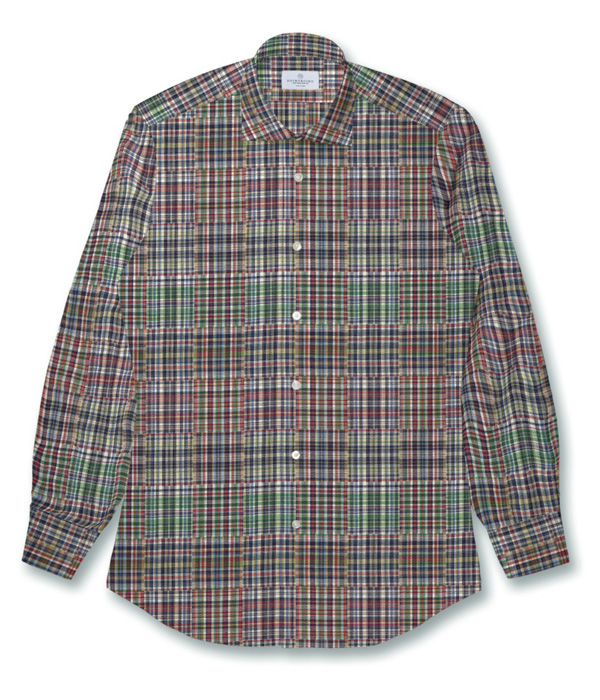 【ダブルガーゼ】パッチワーク風レッド系チェック ドレスシャツ