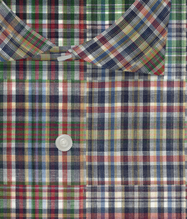 【ダブルガーゼ】パッチワーク風レッド系チェック ドレスシャツ