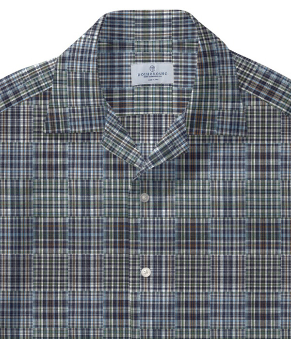 【ダブルガーゼ】パッチワーク風グリーン系チェック オープンカラーシャツ