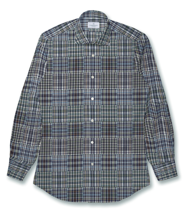 【ダブルガーゼ】パッチワーク風グリーン系チェック ドレスシャツ