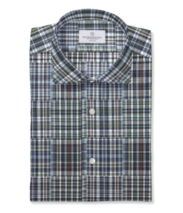 【ダブルガーゼ】パッチワーク風グリーン系チェック ドレスシャツ