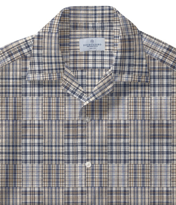 【ダブルガーゼ】パッチワーク風ベージュ系チェック オープンカラーシャツ