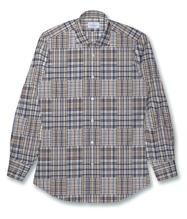 【ダブルガーゼ】パッチワーク風ベージュ系チェック ドレスシャツ