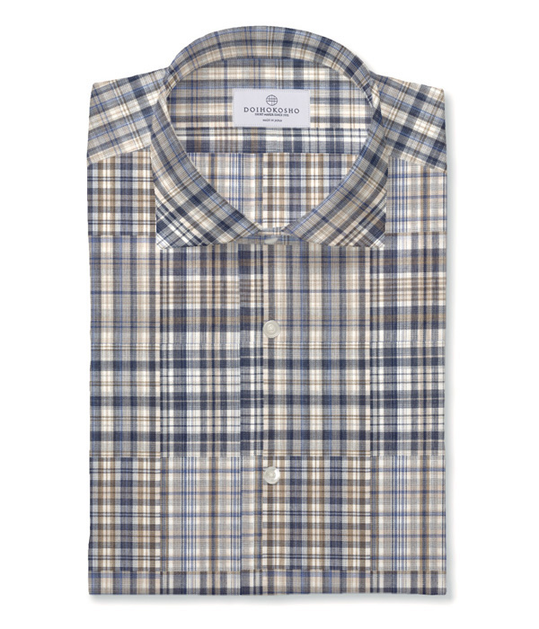 【ダブルガーゼ】パッチワーク風ベージュ系チェック ドレスシャツ