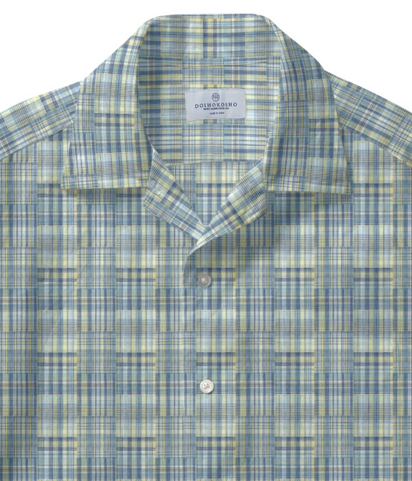 【ダブルガーゼ】パッチワーク風サックス系チェック オープンカラーシャツ