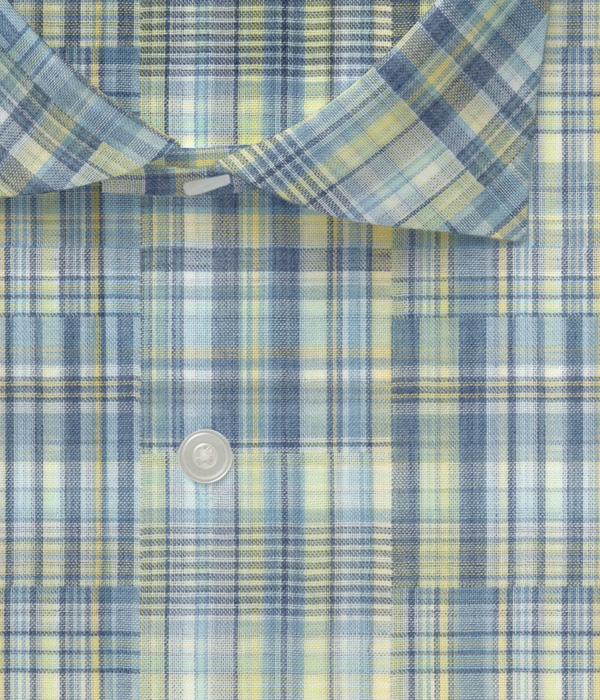 【ダブルガーゼ】パッチワーク風サックス系チェック ドレスシャツ