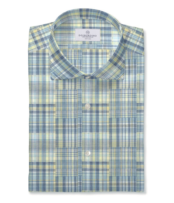 【ダブルガーゼ】パッチワーク風サックス系チェック ドレスシャツ