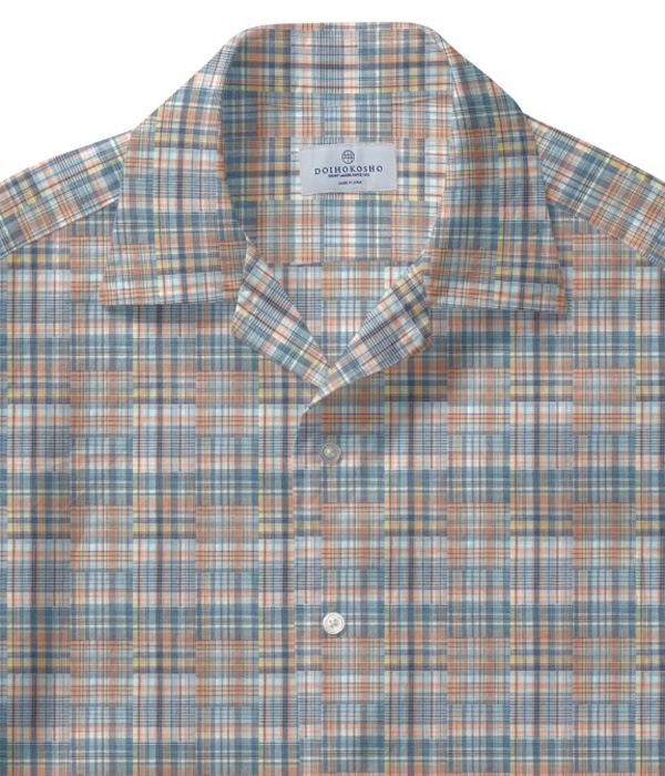 【ダブルガーゼ】パッチワーク風オレンジ系チェック オープンカラーシャツ