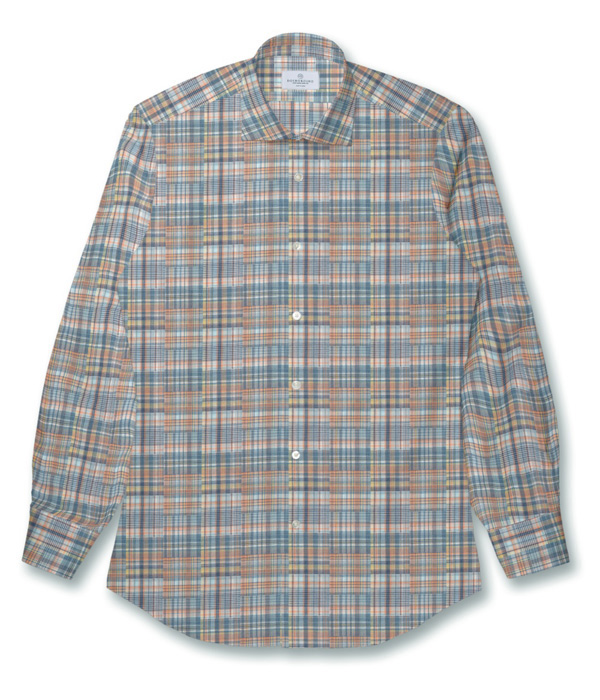 【ダブルガーゼ】パッチワーク風オレンジ系チェック ドレスシャツ