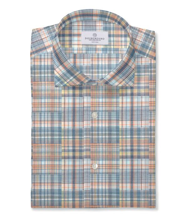 【ダブルガーゼ】パッチワーク風オレンジ系チェック ドレスシャツ