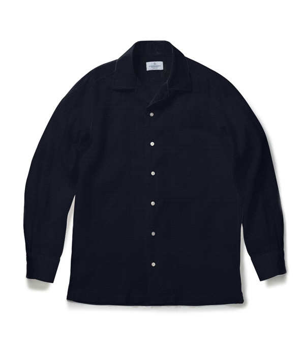 ネイビー シアサッカー 無地 オープンカラーシャツ