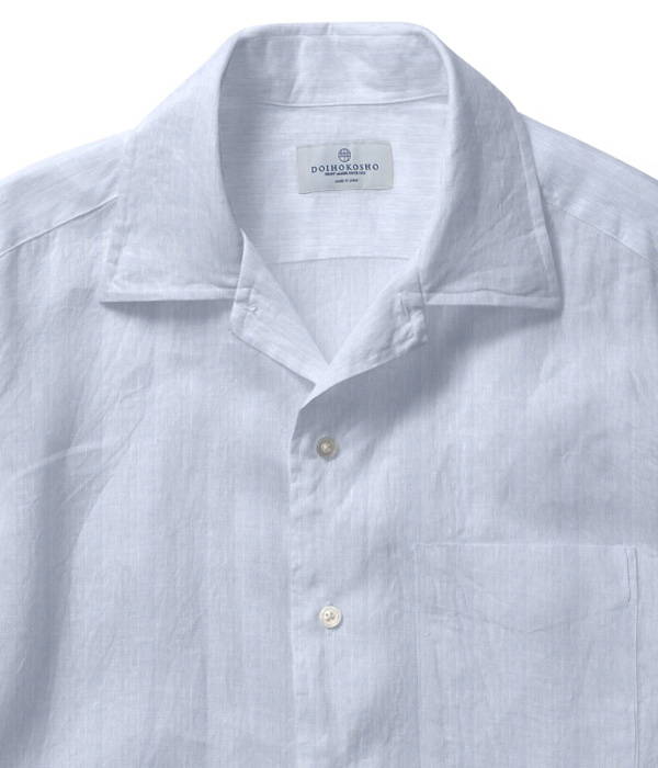 【200/2ボイル】ブルー シアサッカー ストライプ オープンカラーシャツ