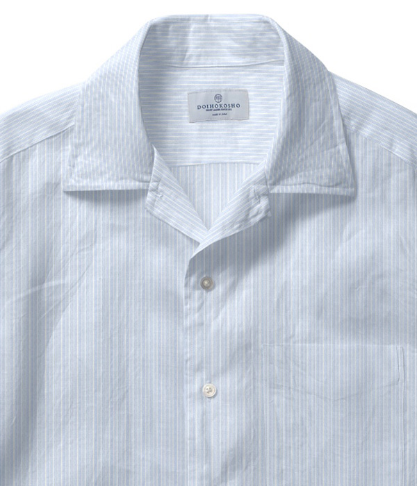 【200/2ボイル】ブルー シアサッカー マルチストライプ オープンカラーシャツ