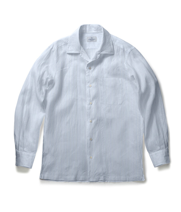 【200/2ボイル】ブルー シアサッカー マルチストライプ オープンカラーシャツ