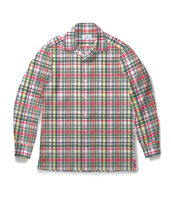 【Indian Madras】レッド×グリーン系 マドラスチェック オープンカラーシャツ