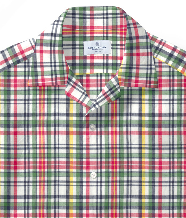 【Indian Madras】レッド×グリーン系 マドラスチェック オープンカラーシャツ
