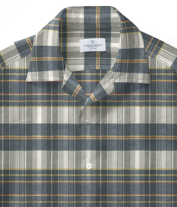 【Indian Madras】ベージュ×グレー系 マドラスチェック オープンカラーシャツ