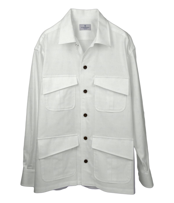 ホワイトフランネル斜めフラップポケットシャツアウター