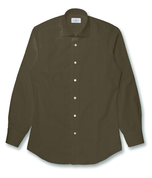 【TECH WOOL】カーキ ウール 無地 ドレスシャツ