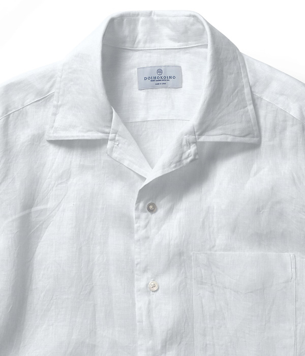【イージーケアリネン】ホワイト リネン 無地 オープンカラーシャツ