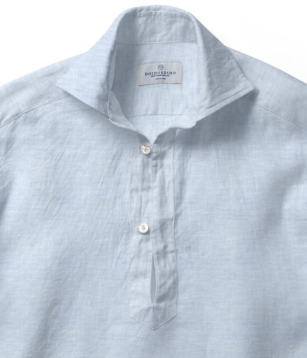 【イージーケアリネン】サックス リネン 無地 カプリシャツ