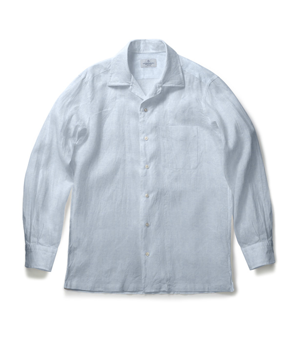 【イージーケアリネン】サックス リネン 無地 オープンカラーシャツ