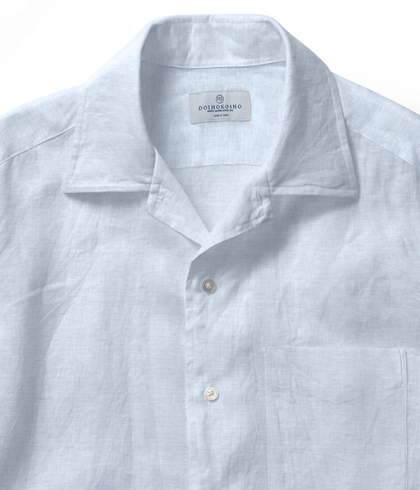 【イージーケアリネン】サックス リネン 無地 オープンカラーシャツ