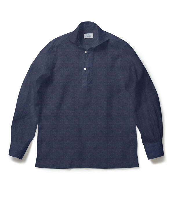 【イージーケアリネン】ネイビー リネン 無地 カプリシャツ