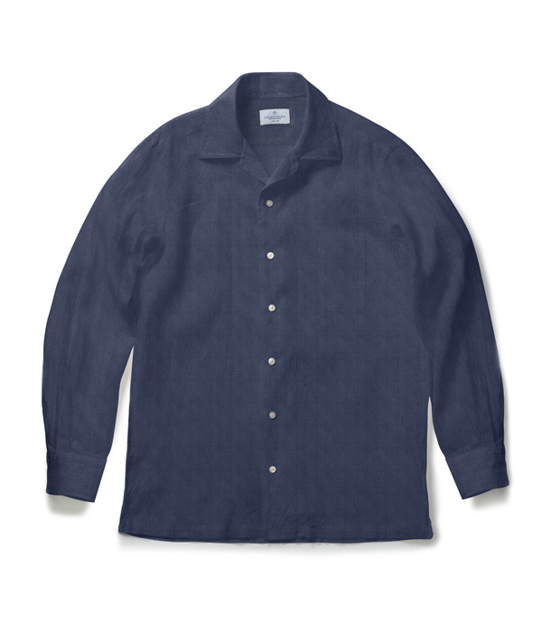 【イージーケアリネン】ネイビー リネン 無地 オープンカラーシャツ