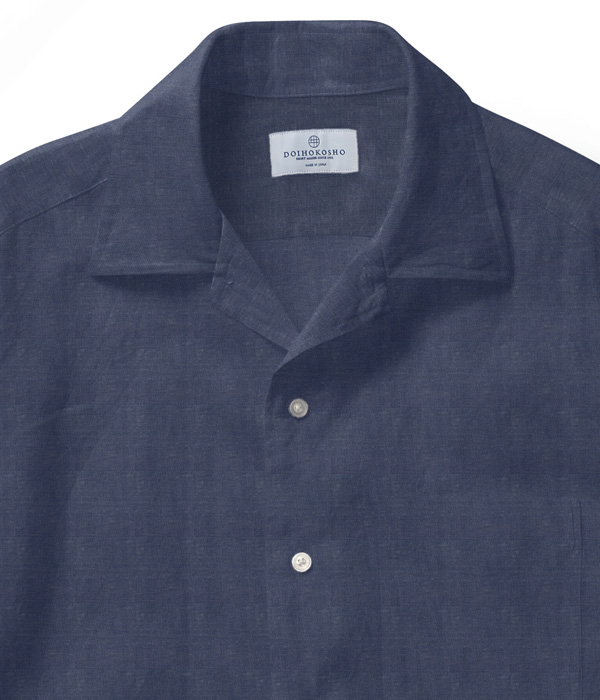 【イージーケアリネン】ネイビー リネン 無地 オープンカラーシャツ